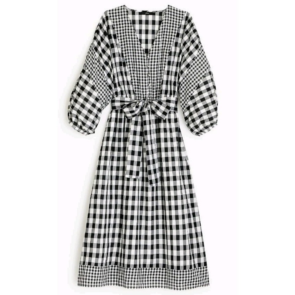 J Crew Dress XS Gingham Midi Cottage Peasant Bohemian Boho Cotton Belted New